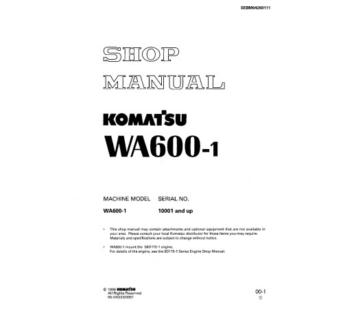 Komatsu WA600-1 (SN from 10001) 4WD Wheeled Loaders (Japan) Workshop Manual (SEBM04260111)