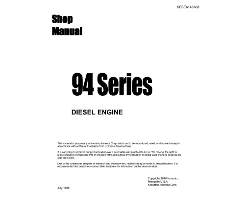 Komatsu 2D94-2, 3D94-2, 4D94-2 and 4D94-3 Diesel Engines (Japan) Workshop Manual (SEBE6142A03) Komatsu 2D94-2, 3D94-2, 4D94-2 and 4D94-3 Diesel Engines (Japan) Workshop Manual (SEBE6142A03)