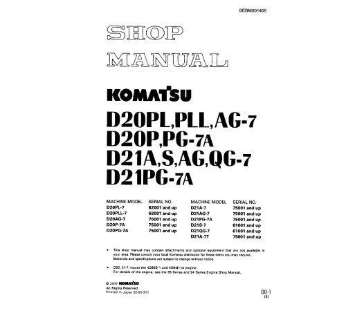 Komatsu D20AG-7, D20P(G,L,LL)-7, D21A(G)-7, D21P(G)-7, D21QG-7 and D21S-7 Crawler Dozers (Japan) Workshop Manual (SEBM001408) Komatsu D20AG-7, D20P(G,L,LL)-7, D21A(G)-7, D21P(G)-7, D21QG-7 and D21S-7 Crawler Dozers (Japan) Workshop Manual (SEBM001408)