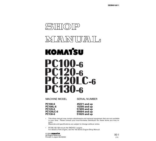 Komatsu PC100-6, PC100L-6, PC120-6, PC120LC-6 and PC130-6 Crawler Excavators (Japan) Workshop Manual (SEBM010611) Komatsu PC100-6, PC100L-6, PC120-6, PC120LC-6 and PC130-6 Crawler Excavators (Japan) Workshop Manual (SEBM010611)