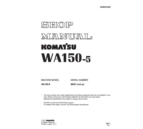 Komatsu WA150-5 and WA150L-5 4WD Wheeled Loaders (Japan) Workshop Manual (SEBM033808)
