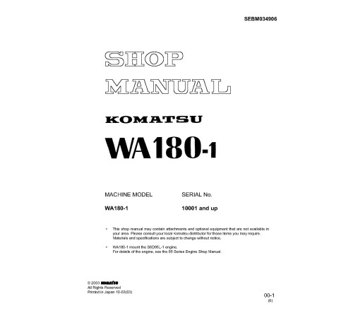 Komatsu WA180-1 (SN from 10001) 4WD Wheeled Loaders Workshop Manual (SEBM034906)