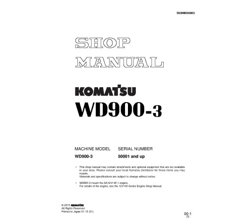 Komatsu WD900-3 (SN from 50001) Wheeled Dozers (Japan) Workshop Manual (SEBM036903) Komatsu WD900-3 (SN from 50001) Wheeled Dozers (Japan) Workshop Manual (SEBM036903)