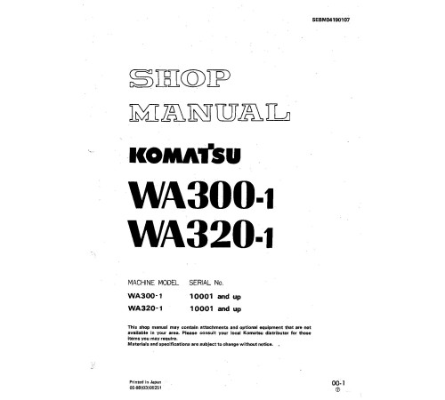 Komatsu WA300-1 and WA320-1 4WD Wheeled Loaders (Japan) Workshop Manual (SEBM04190107)