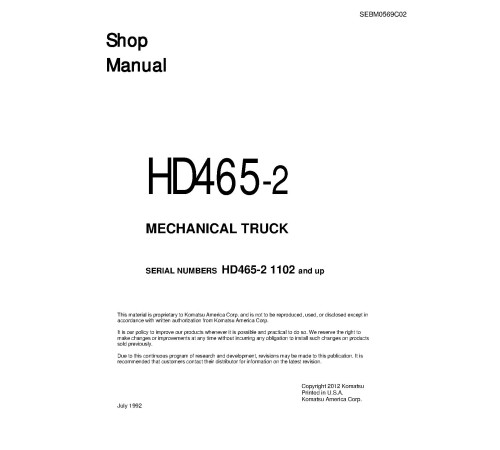 Komatsu HD465-2 (SN: 01102-02000) Rigid Dump Trucks (Japan) Workshop Manual (SEBM0569C02) Komatsu HD465-2 (SN: 01102-02000) Rigid Dump Trucks (Japan) Workshop Manual (SEBM0569C02)