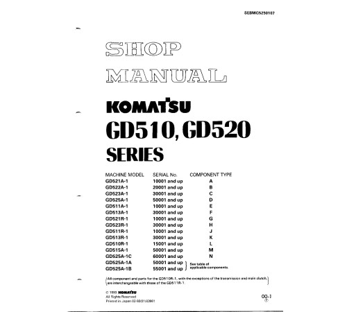 Komatsu GD510R-1,GD511A/R-1,GD513A/R-1,GD515A-1,GD521A/R-1,GD522A-1,GD523A/R-1,GD525A-1 Motor Grader (Japan) Shop Manual (SEBMG5250107) Komatsu GD510R-1,GD511A/R-1,GD513A/R-1,GD515A-1,GD521A/R-1,GD522A-1,GD523A/R-1,GD525A-1 Motor Grader (Japan) Shop Manual (SEBMG5250107)