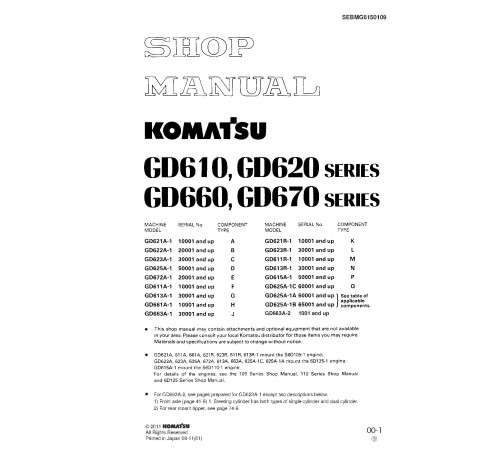 Komatsu GD611A/R, GD613A/R, GD615A, GD621A/R, GD622A, GD623A/R, GD625A, GD661A, GD663A, GD672A Motor Grader Shop Manual (SEBMG6150109) Komatsu GD611A/R, GD613A/R, GD615A, GD621A/R, GD622A, GD623A/R, GD625A, GD661A, GD663A, GD672A Motor Grader Shop Manual (SEBMG6150109)