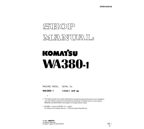 Komatsu WA380-1 (SN from 10001) 4WD Wheeled Loaders (Japan) Workshop Manual (SEBMU4230106) Komatsu WA380-1 (SN from 10001) 4WD Wheeled Loaders (Japan) Workshop Manual (SEBMU4230106)