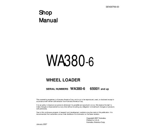 Komatsu WA380-6 (SN from 65001) 4WD Wheeled Loaders (Japan) Workshop Manual (SEN00769-03) Komatsu WA380-6 (SN from 65001) 4WD Wheeled Loaders (Japan) Workshop Manual (SEN00769-03)