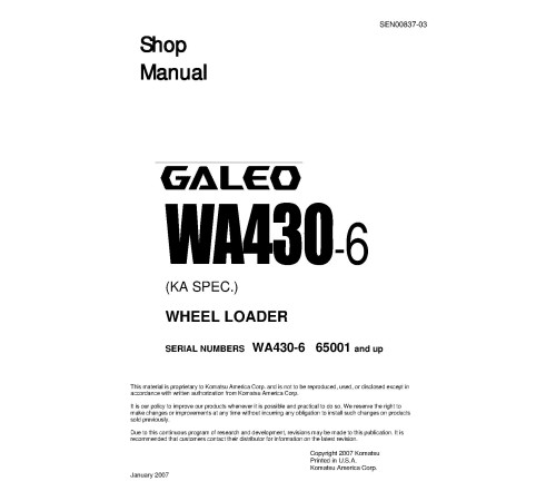 Komatsu WA430-6 (SN from 65001) 4WD Wheeled Loaders (USA) Workshop Manual (SEN00837-03D) Komatsu WA430-6 (SN from 65001) 4WD Wheeled Loaders (USA) Workshop Manual (SEN00837-03D)