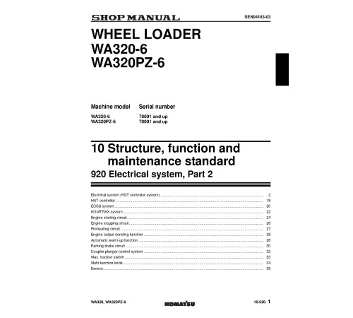 Komatsu WA320-6 and WA320PZ-6 4WD Wheeled Loaders (Japan) Workshop Manual (SEN04162-07)