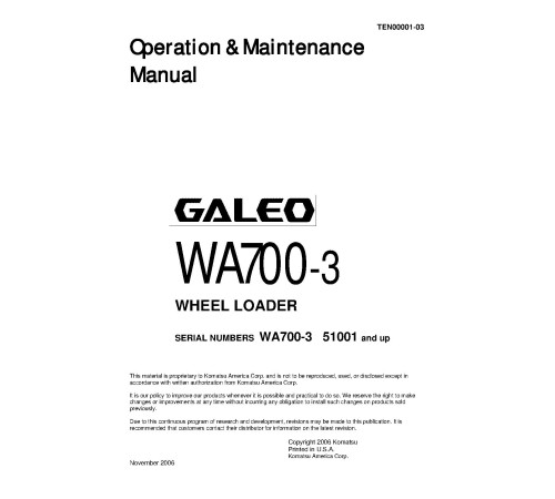 Komatsu WA700-3 (SN: 51001-51004) 4WD Wheeled Loaders (Japan) Operate and Maintenance manual (TEN00001-03D)