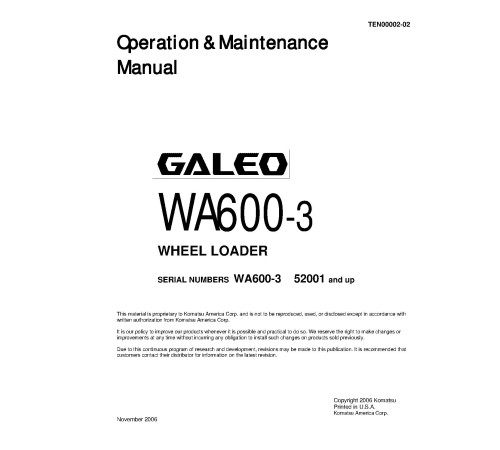 Komatsu WA600-3 (SN from 52001) 4WD Wheeled Loaders (Japan) Operate and Maintenance manual (TEN00002-02D)