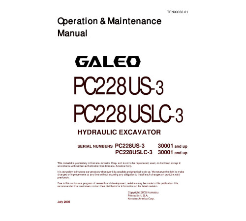 Komatsu PC228US-3 and PC228USLC-3 (SN: 30001-40000) Crawler Excavators (Japan) Operate and Maintenance manual (TEN00030-01D) Komatsu PC228US-3 and PC228USLC-3 (SN: 30001-40000) Crawler Excavators (Japan) Operate and Maintenance manual (TEN00030-01D)