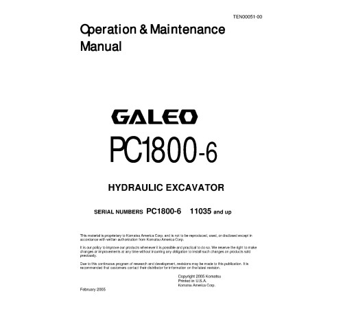 Komatsu PC1800-6 (SN from 11035) Crawler Excavators (Japan) Operate and Maintenance manual (TEN00051-00) Komatsu PC1800-6 (SN from 11035) Crawler Excavators (Japan) Operate and Maintenance manual (TEN00051-00)