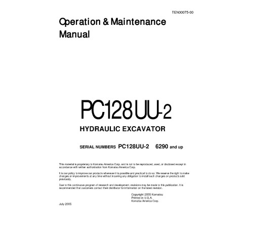 Komatsu PC128UU-2 (SN from 06290) Crawler Excavators (Japan) Operate and Maintenance manual (TEN00075-00D) Komatsu PC128UU-2 (SN from 06290) Crawler Excavators (Japan) Operate and Maintenance manual (TEN00075-00D)
