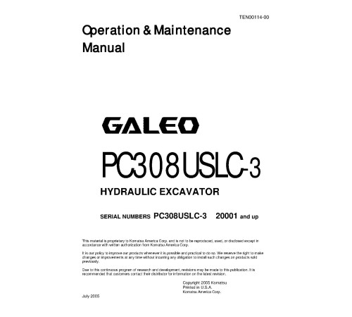 Komatsu PC308USLC-3 (SN from 20001) Crawler Excavators (Japan) Operate and Maintenance manual (TEN00114-00) Komatsu PC308USLC-3 (SN from 20001) Crawler Excavators (Japan) Operate and Maintenance manual (TEN00114-00)