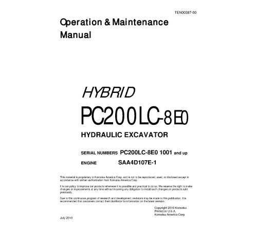 Komatsu PC200LC-8E0 (SN from 01001) Hybrid Excavators (Japan) Operate and Maintenance manual (TEN00387-00) Komatsu PC200LC-8E0 (SN from 01001) Hybrid Excavators (Japan) Operate and Maintenance manual (TEN00387-00)