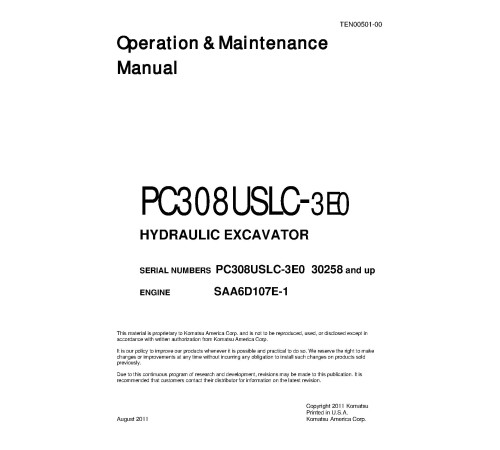 Komatsu PC308USLC-3 (SN from A30258) Crawler Excavators (Japan) Operate and Maintenance manual (TEN00501-00) Komatsu PC308USLC-3 (SN from A30258) Crawler Excavators (Japan) Operate and Maintenance manual (TEN00501-00)