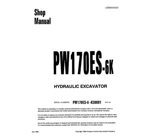 Komatsu PW170ES-6K (SN: K30001-32000) Wheeled Excavators (USA) Workshop Manual (UEBD000500) Komatsu PW170ES-6K (SN: K30001-32000) Wheeled Excavators (USA) Workshop Manual (UEBD000500)