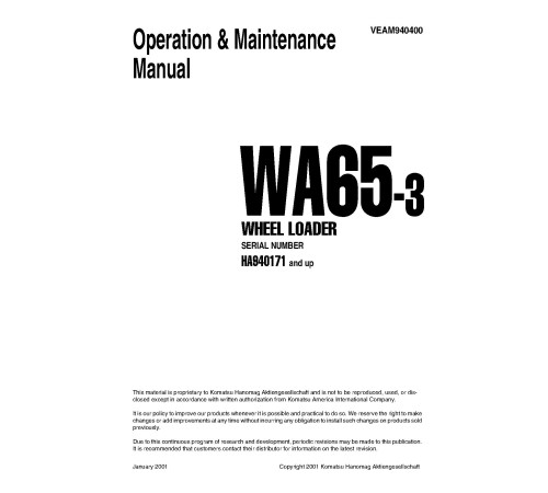 Komatsu WA65-3 (SN: HA940171-940548) 4WD Wheeled Loaders (Germany) Operate and Maintenance manual (VEAD940400) Komatsu WA65-3 (SN: HA940171-940548) 4WD Wheeled Loaders (Germany) Operate and Maintenance manual (VEAD940400)