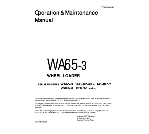 Komatsu WA65-3 4WD Wheeled Loaders (Germany) Operate and Maintenance manual (VEAD940600) Komatsu WA65-3 4WD Wheeled Loaders (Germany) Operate and Maintenance manual (VEAD940600)