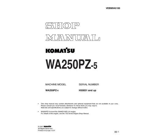 Komatsu WA250PZ-5 (SN from H50051) 4WD Wheeled Loaders (Germany) Workshop Manual (VEBM945100) Komatsu WA250PZ-5 (SN from H50051) 4WD Wheeled Loaders (Germany) Workshop Manual (VEBM945100)