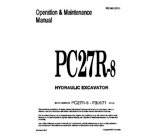 Komatsu PC27R-8 (SN: F30671-31102) Crawler Excavators (Japan) Operate and Maintenance manual (WEAD003100) Komatsu PC27R-8 (SN: F30671-31102) Crawler Excavators (Japan) Operate and Maintenance manual (WEAD003100)