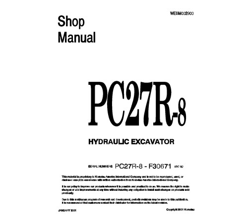 Komatsu PC27R-8 (SN: F30671-31102) Crawler Excavators (Japan) Workshop Manual (WEBD002900) Komatsu PC27R-8 (SN: F30671-31102) Crawler Excavators (Japan) Workshop Manual (WEBD002900)