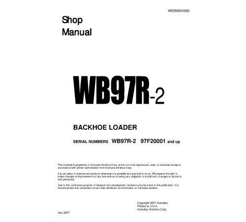 Komatsu WB97R-2 (SN from 97F20001) Backhoe Loaders (Italy) Workshop Manual (WEBM001000D) Komatsu WB97R-2 (SN from 97F20001) Backhoe Loaders (Italy) Workshop Manual (WEBM001000D)